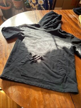 Men's Black Distressed Crewneck Hoodie with Kangaroo Pocket